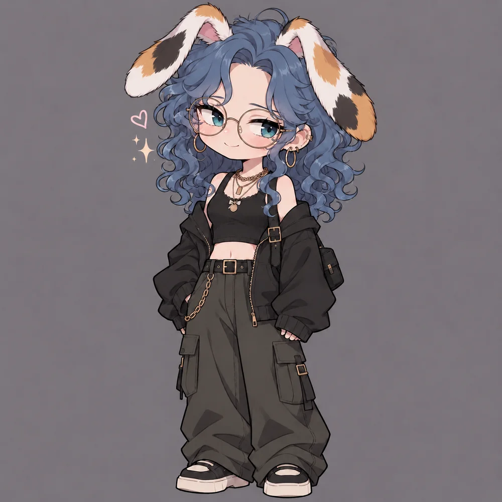 Chibi art of Anya's original character with calico bunny ears
