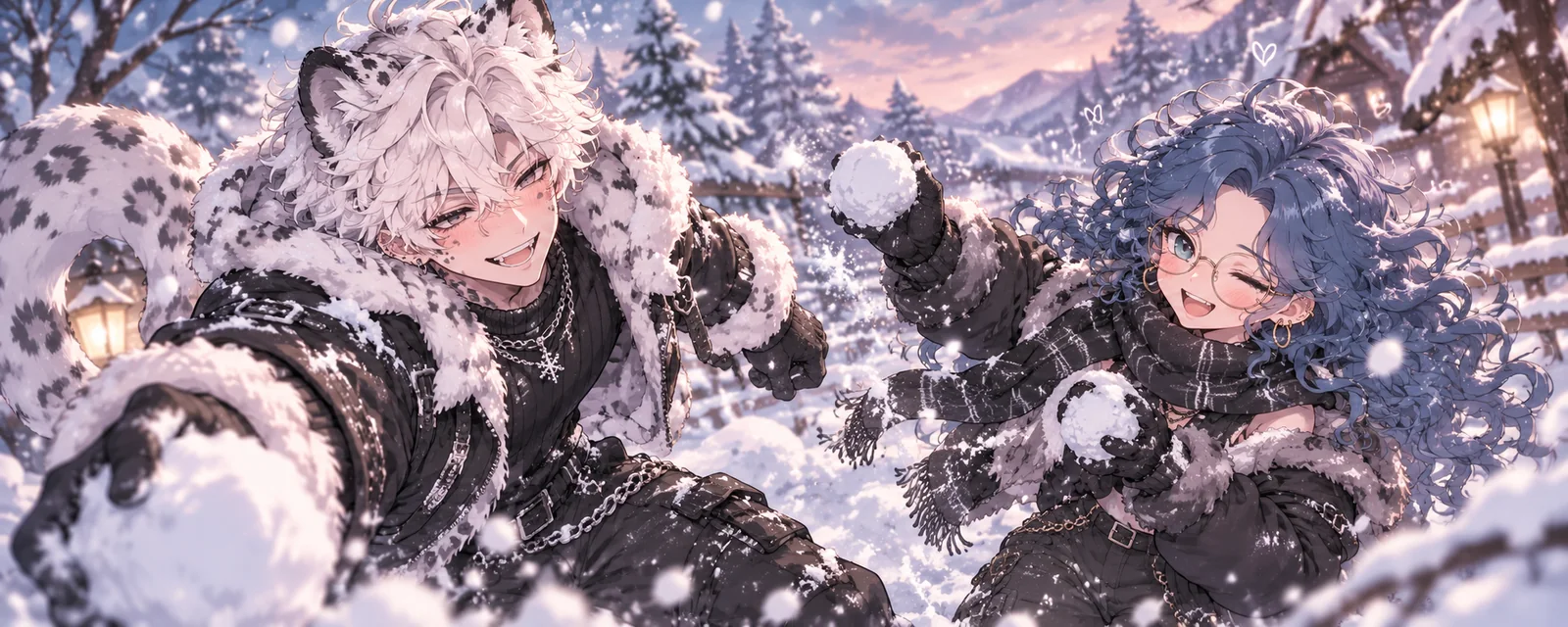 Mochi and Anya playing together in the snow